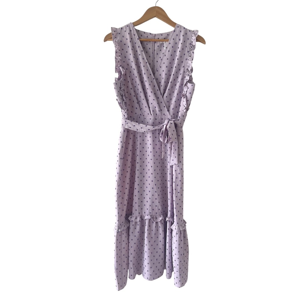 London Times Purple Swiss Dot Ruffle Midi Dress Faux Wrap Wedding Guest 10